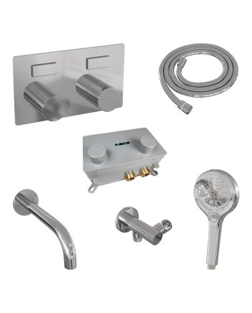 BRAUER Stripe thermostatische inbouw badkraan met drukknoppen SET 04 met uitloop en 3-standen handdouche en doucheslang en wandaansluitbocht chroom