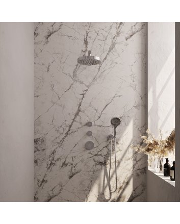 BRAUER Stripe thermostatische inbouw regendouche SET 04 met 25 cm douchekop en rechte muurarm en 3-standen handdouche en doucheslang en wandaansluitbocht chroom