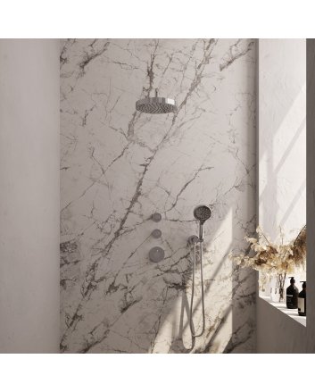 BRAUER Stripe thermostatische inbouw regendouche SET 05 met 25 cm douchekop en gebogen muurarm en 3-standen handdouche en doucheslang en wandaansluitbocht chroom