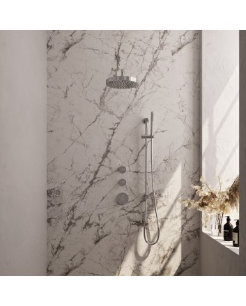 BRAUER Stripe thermostatische inbouw regendouche SET 08 met 25 cm douchekop en gebogen muurarm en staaf handdouche en doucheslang en geïntegreerde glijstang chroom
