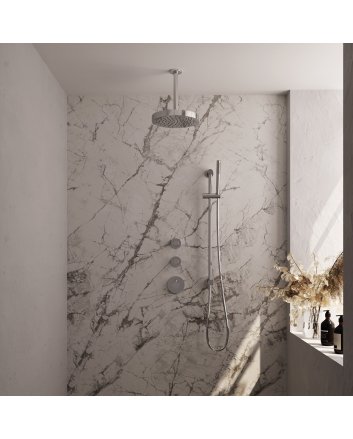 BRAUER Stripe thermostatische inbouw regendouche SET 09 met 25 cm douchekop en plafondarm en staaf handdouche en doucheslang en geïntegreerde glijstang chroom