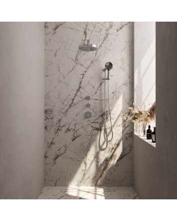 BRAUER Stripe thermostatische inbouw regendouche SET 10 met 25 cm douchekop en rechte muurarm en 3-standen handdouche en doucheslang en geïntegreerde glijstang chroom