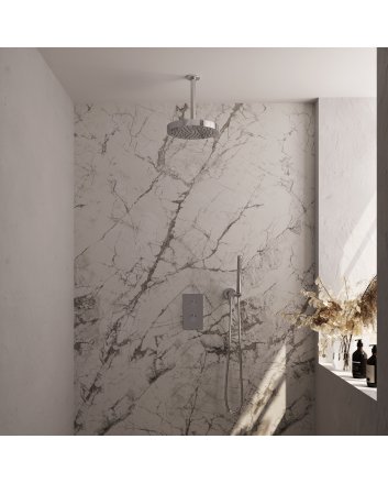BRAUER Stripe thermostatische inbouw regendouche 3-weg rechthoekig SET 15 met 25 cm douchekop en plafondarm en staaf handdouche en doucheslang en wandaansluitbocht chroom