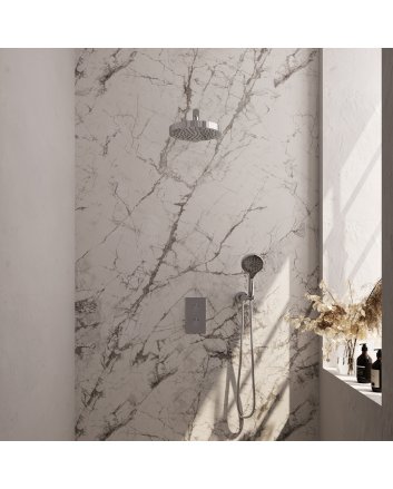 BRAUER Stripe thermostatische inbouw regendouche 3-weg rechthoekig SET 16 met 25 cm douchekop en rechte muurarm en 3-standen handdouche en doucheslang en wandaansluitbocht chroom