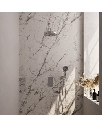 BRAUER Stripe thermostatische inbouw regendouche 3-weg rechthoekig SET 17 met 25 cm douchekop en gebogen muurarm en 3-standen handdouche en doucheslang en wandaansluitbocht chroom