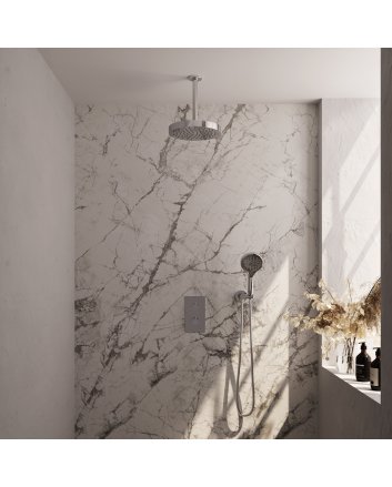 BRAUER Stripe thermostatische inbouw regendouche 3-weg rechthoekig SET 18 met 25 cm douchekop en plafondarm en 3-standen handdouche en doucheslang en wandaansluitbocht chroom
