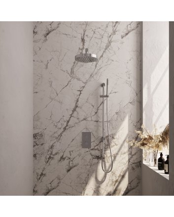 BRAUER Stripe thermostatische inbouw regendouche 3-weg rechthoekig SET 19 met 25 cm douchekop en rechte muurarm en staaf handdouche en doucheslang en geïntegreerde glijstang chroom