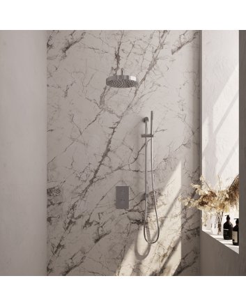 BRAUER Stripe thermostatische inbouw regendouche 3-weg rechthoekig SET 20 met 25 cm douchekop en gebogen muurarm en staaf handdouche en doucheslang en geïntegreerde glijstang chroom