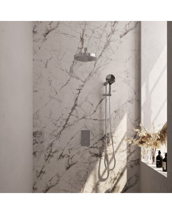 BRAUER Stripe thermostatische inbouw regendouche 3-weg rechthoekig SET 22 met 25 cm douchekop en rechte muurarm en 3-standen handdouche en doucheslang en geïntegreerde glijstang chroom