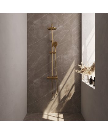 BRAUER Gold Carving opbouw thermostatische regendouche SET 02 met 20 cm hoofddouche en 3-standen handdouche en doucheslang goud geborsteld PVD