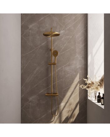 BRAUER Gold Carving opbouw thermostatische regendouche SET 04 met 30 cm hoofddouche en 3-standen handdouche en doucheslang goud geborsteld PVD