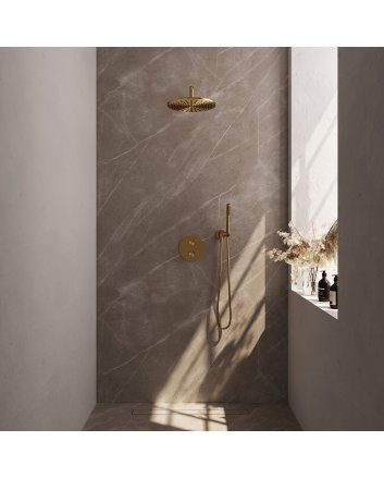 BRAUER Gold Carving thermostatische inbouw regendouche 3-weg rond SET 76 met 30 cm douchekop en gebogen muurarm en staaf handdouche en doucheslang en wandaansluitbocht goud geborsteld PVD