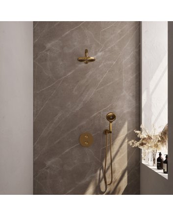 BRAUER Gold Carving thermostatische inbouw regendouche 3-weg rond SET 79 met 20 cm douchekop en rechte muurarm en 3-standen handdouche en doucheslang en wandaansluitbocht goud geborsteld PVD