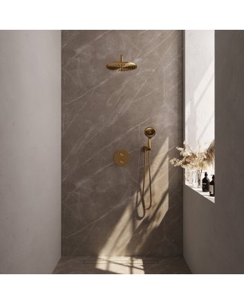 BRAUER Gold Carving thermostatische inbouw regendouche 3-weg rond SET 82 met 30 cm douchekop en gebogen muurarm en 3-standen handdouche en doucheslang en wandaansluitbocht goud geborsteld PVD