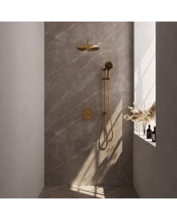 BRAUER Gold Carving thermostatische inbouw regendouche 3-weg rond SET 94 met 30 cm douchekop en gebogen muurarm en 3-standen handdouche en doucheslang en geïntegreerde glijstang goud geborsteld PVD