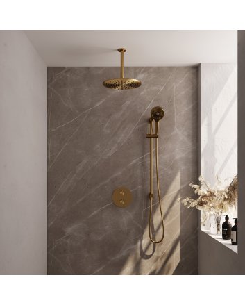 BRAUER Gold Carving thermostatische inbouw regendouche 3-weg rond SET 96 met 30 cm douchekop en plafondarm en 3-standen handdouche en doucheslang en geïntegreerde glijstang goud geborsteld PVD