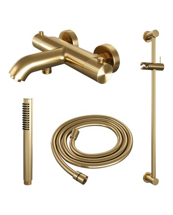 BRAUER Stripe opbouw baddouche thermostaatkraan SET 01 met glijstang en staaf handdouche en doucheslang goud geborsteld PVD