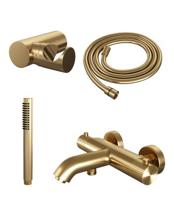 BRAUER Stripe opbouw baddouche thermostaatkraan SET 03 met wandhouder en staaf handdouche en doucheslang goud geborsteld PVD