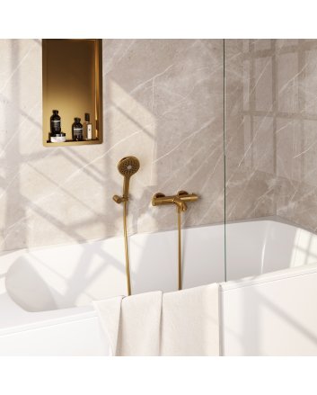 BRAUER Stripe opbouw baddouche thermostaatkraan SET 04 met wandhouder en 3-standen handdouche en doucheslang goud geborsteld PVD