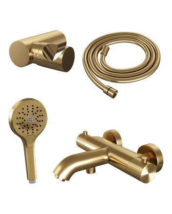 BRAUER Stripe opbouw baddouche thermostaatkraan SET 04 met wandhouder en 3-standen handdouche en doucheslang goud geborsteld PVD