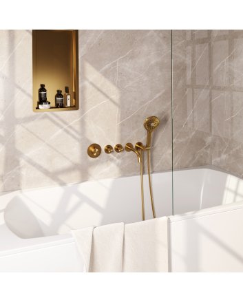 BRAUER Stripe thermostatische inbouw badkraan SET 02 met uitloop en 3-standen handdouche en doucheslang en wandaansluitbocht goud geborsteld PVD