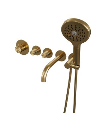 BRAUER Stripe thermostatische inbouw badkraan SET 02 met uitloop en 3-standen handdouche en doucheslang en wandaansluitbocht goud geborsteld PVD