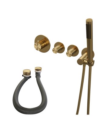 BRAUER Stripe thermostatische inbouw badkraan SET 01 met badvulcombinatie en staaf handdouche en doucheslang en wandaansluitbocht goud geborsteld PVD