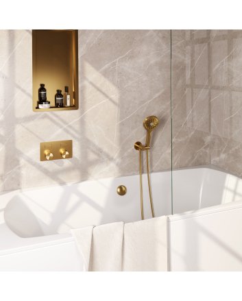 BRAUER Stripe thermostatische inbouw badkraan met drukknoppen SET 04 met badvulcombinatie en 3-standen handdouche en doucheslang en wandaansluitbocht goud geborsteld PVD