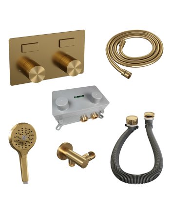 BRAUER Stripe thermostatische inbouw badkraan met drukknoppen SET 04 met badvulcombinatie en 3-standen handdouche en doucheslang en wandaansluitbocht goud geborsteld PVD