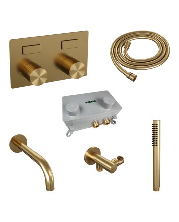 BRAUER Stripe thermostatische inbouw badkraan met drukknoppen SET 03 met uitloop en staaf handdouche en doucheslang en wandaansluitbocht goud geborsteld PVD