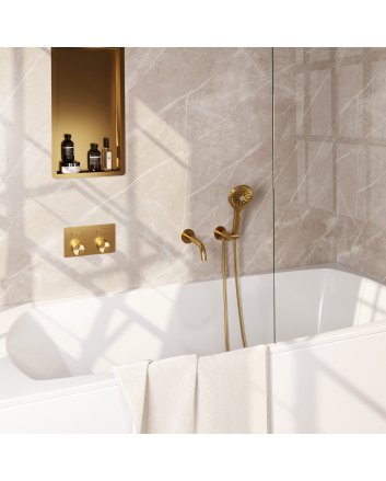 BRAUER Stripe thermostatische inbouw badkraan met drukknoppen SET 04 met uitloop en 3-standen handdouche en doucheslang en wandaansluitbocht goud geborsteld PVD