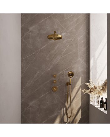 BRAUER Stripe thermostatische inbouw regendouche SET 04 met 25 cm douchekop en rechte muurarm en 3-standen handdouche en doucheslang en wandaansluitbocht goud geborsteld PVD