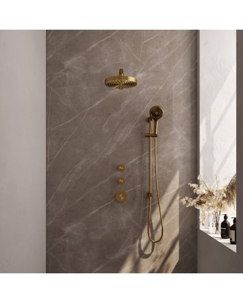 BRAUER Stripe thermostatische inbouw regendouche SET 10 met 25 cm douchekop en rechte muurarm en 3-standen handdouche en doucheslang en geïntegreerde glijstang goud geborsteld PVD