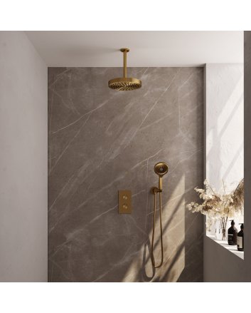 BRAUER Stripe thermostatische inbouw regendouche 3-weg rechthoekig SET 18 met 25 cm douchekop en plafondarm en 3-standen handdouche en doucheslang en wandaansluitbocht goud geborsteld PVD