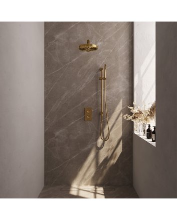 BRAUER Stripe thermostatische inbouw regendouche 3-weg rechthoekig SET 19 met 25 cm douchekop en rechte muurarm en staaf handdouche en doucheslang en geïntegreerde glijstang goud geborsteld PVD