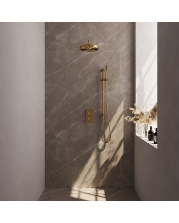 BRAUER Stripe thermostatische inbouw regendouche 3-weg rechthoekig SET 20 met 25 cm douchekop en gebogen muurarm en staaf handdouche en doucheslang en geïntegreerde glijstang goud geborsteld PVD