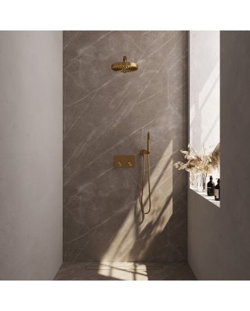 BRAUER Stripe thermostatische inbouw regendouche met drukknoppen SET 25 met 25 cm douchekop en rechte muurarm en staaf handdouche en doucheslang en wandaansluitbocht goud geborsteld PVD
