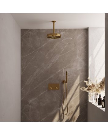 BRAUER Stripe thermostatische inbouw regendouche met drukknoppen SET 27 met 25 cm douchekop en plafondarm en staaf handdouche en doucheslang en wandaansluitbocht goud geborsteld PVD