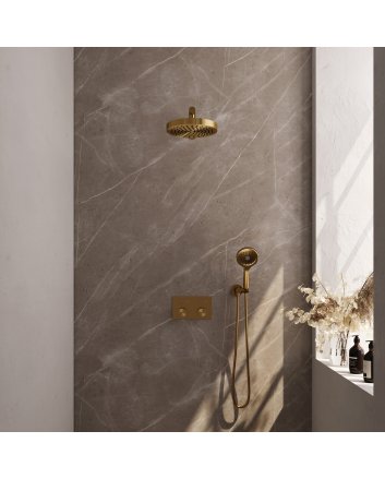 BRAUER Stripe thermostatische inbouw regendouche met drukknoppen SET 28 met 25 cm douchekop en rechte muurarm en 3-standen handdouche en doucheslang en wandaansluitbocht goud geborsteld PVD