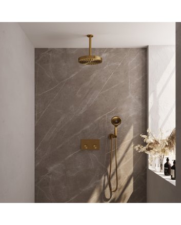 BRAUER Stripe thermostatische inbouw regendouche met drukknoppen SET 30 met 25 cm douchekop en plafondarm en 3-standen handdouche en doucheslang en wandaansluitbocht goud geborsteld PVD