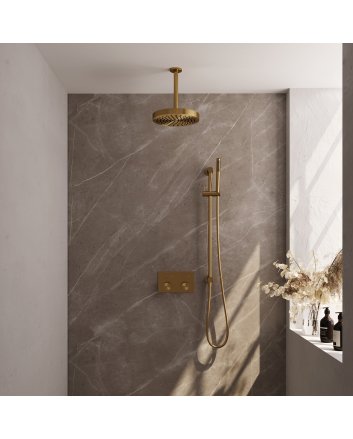 BRAUER Stripe thermostatische inbouw regendouche met drukknoppen SET 33 met 25 cm douchekop en plafondarm en staaf handdouche en doucheslang en geïntegreerde glijstang goud geborsteld PVD