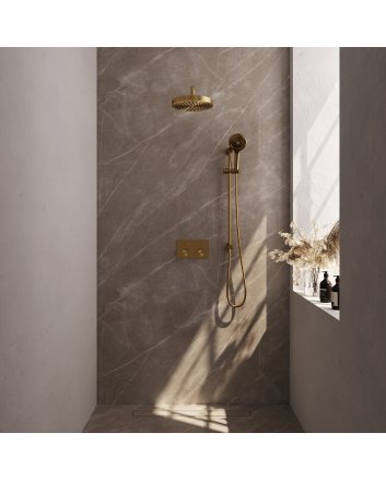BRAUER Stripe thermostatische inbouw regendouche met drukknoppen SET 35 met 25 cm douchekop en gebogen muurarm en 3-standen handdouche en doucheslang en geïntegreerde glijstang goud geborsteld PVD