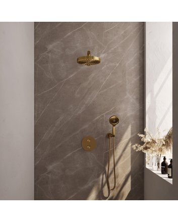 BRAUER Stripe thermostatische inbouw regendouche 3-weg rond SET 40 met 25 cm douchekop en rechte muurarm en 3-standen handdouche en doucheslang en wandaansluitbocht goud geborsteld PVD
