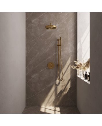 BRAUER Stripe thermostatische inbouw regendouche 3-weg rond SET 44 met 25 cm douchekop en gebogen muurarm en staaf handdouche en doucheslang en geïntegreerde glijstang goud geborsteld PVD
