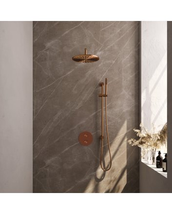 BRAUER Copper Edition thermostatische inbouw regendouche 3-weg rond SET 88 met 30 cm douchekop en gebogen muurarm en staaf handdouche en doucheslang en geïntegreerde glijstang koper geborsteld PVD
