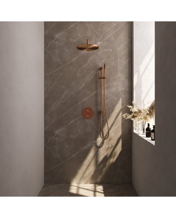 BRAUER Copper Edition thermostatische inbouw regendouche 3-weg rond SET 88 met 30 cm douchekop en gebogen muurarm en staaf handdouche en doucheslang en geïntegreerde glijstang koper geborsteld PVD