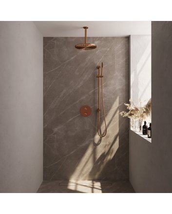 BRAUER Copper Edition thermostatische inbouw regendouche 3-weg rond SET 90 met 30 cm douchekop en plafondarm en staaf handdouche en doucheslang en geïntegreerde glijstang koper geborsteld PVD