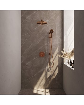BRAUER Copper Edition thermostatische inbouw regendouche 3-weg rond SET 92 met 30 cm douchekop en rechte muurarm en 3-standen handdouche en doucheslang en geïntegreerde glijstang koper geborsteld PVD