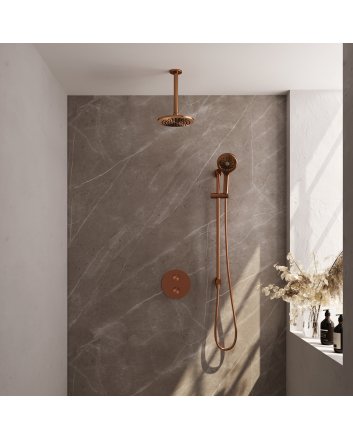 BRAUER Copper Edition thermostatische inbouw regendouche 3-weg rond SET 95 met 20 cm douchekop en plafondarm en 3-standen handdouche en doucheslang en geïntegreerde glijstang koper geborsteld PVD