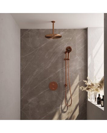 BRAUER Copper Edition thermostatische inbouw regendouche 3-weg rond SET 96 met 30 cm douchekop en plafondarm en 3-standen handdouche en doucheslang en geïntegreerde glijstang koper geborsteld PVD